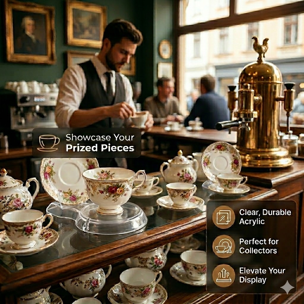 HOHIYA 12 Piece Clear Acrylic Cup and Saucer Display Stands Invisible Teacup Holder Rack for China Cabinets Modern Plastic Easel for Tea Sets and Mugs Free Shipping